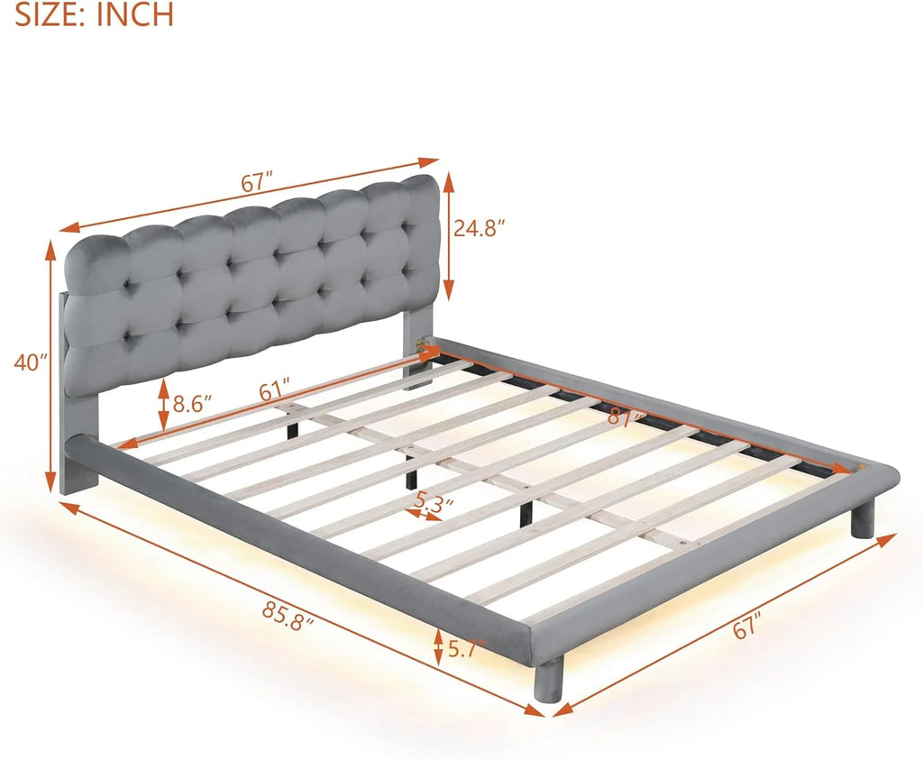 Gray Velvet Upholstered Platform Bed Frame with LED J9236