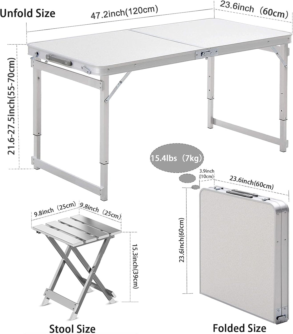 White 4 Foot Adjustable Height Folding Aluminum Camping Table with Stools J7263