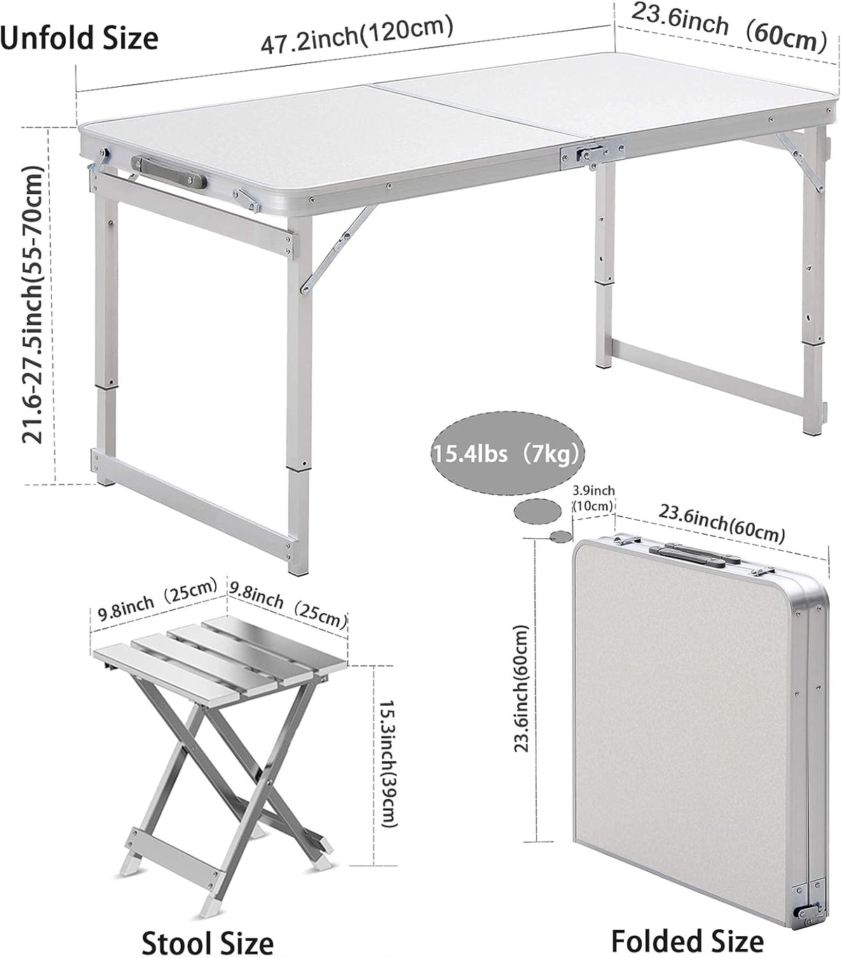 White 4 Foot Adjustable Height Folding Aluminum Camping Table with Stools J7263
