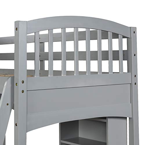 Full Size Solid Wood Loft Bed with Wardrobe and Desk N8377