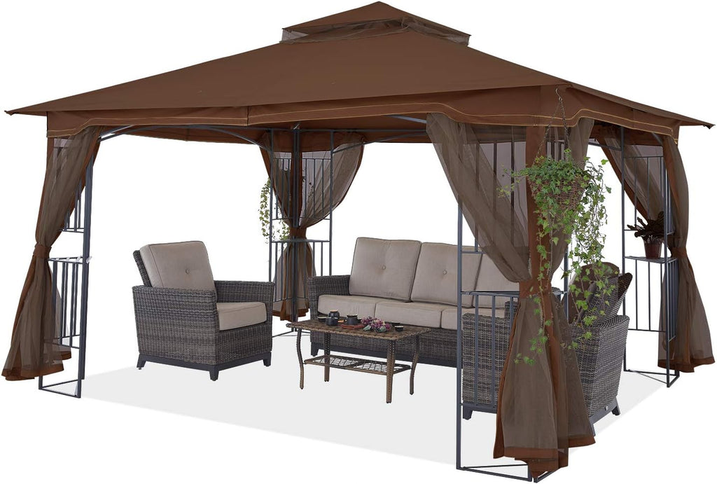 Beige Patio Gazebo with Netting Screen Walls X6020
