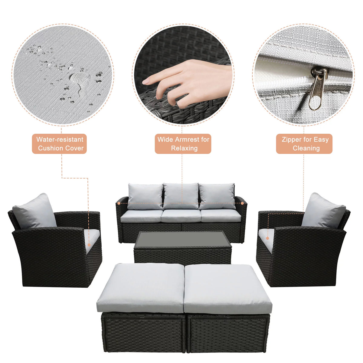 8 Pcs Wicker Patio Furniture Set with Coffee Table and Ottomans T12643