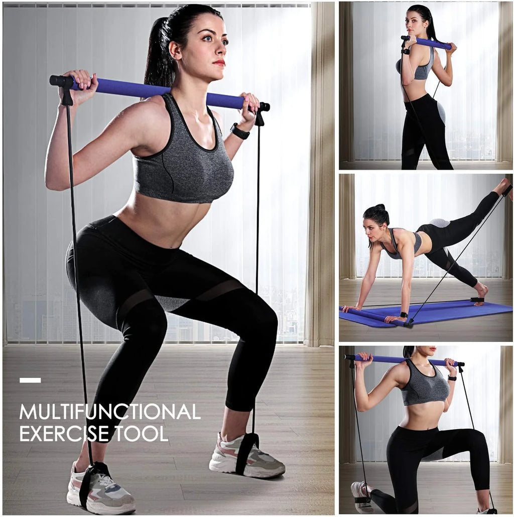 Blue Portable Pilates Bar with Resistance Bands Loop Set F562285