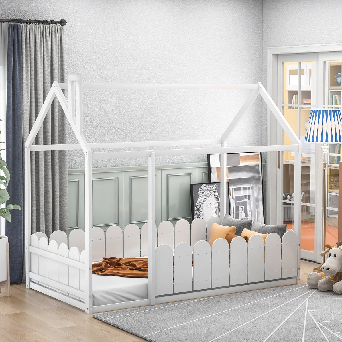 White Twin Size Wood Bed Frame with Fence E82649