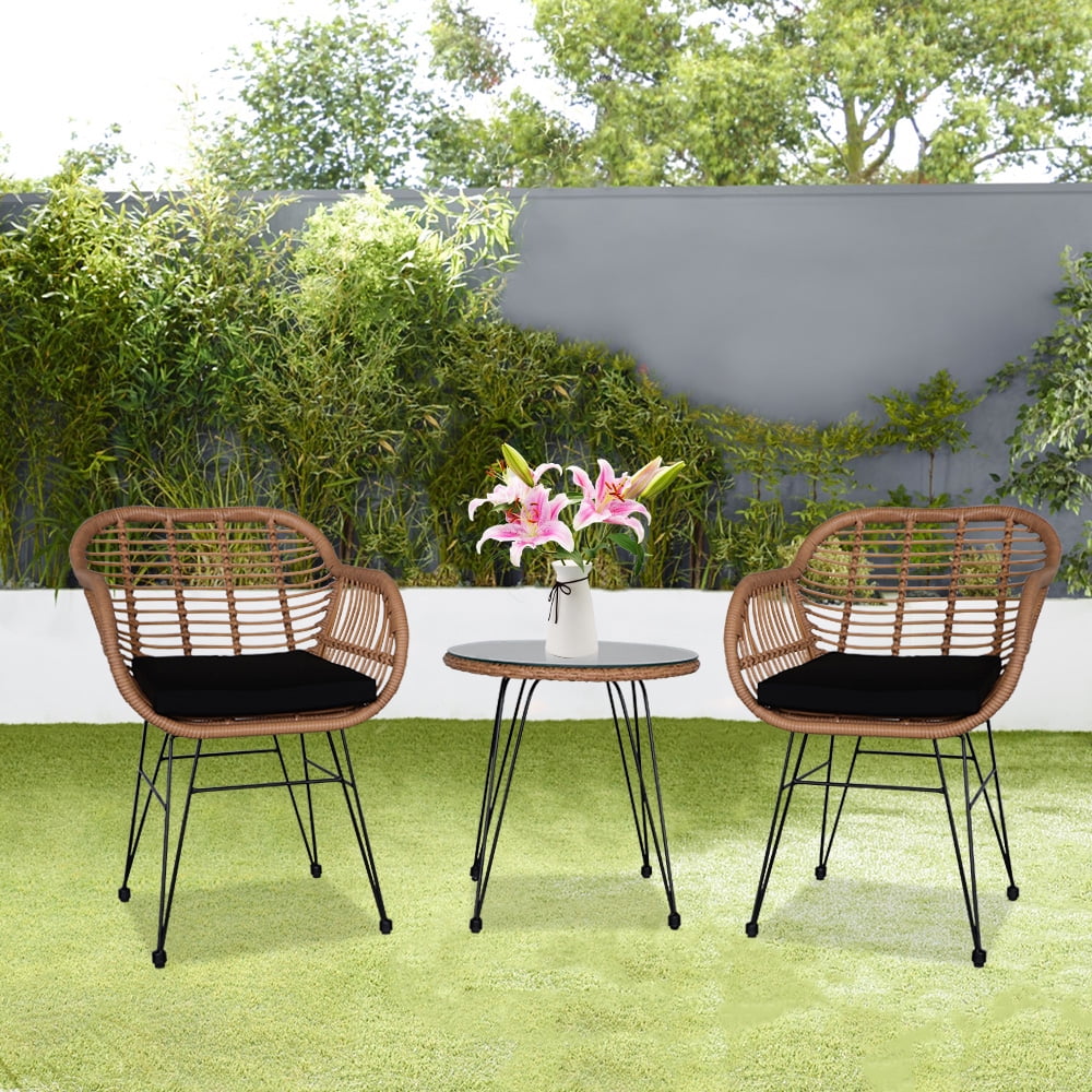 3 Piece Wicker Patio Conversation Set with Glass Side Table and Cushioned Chairs V867969