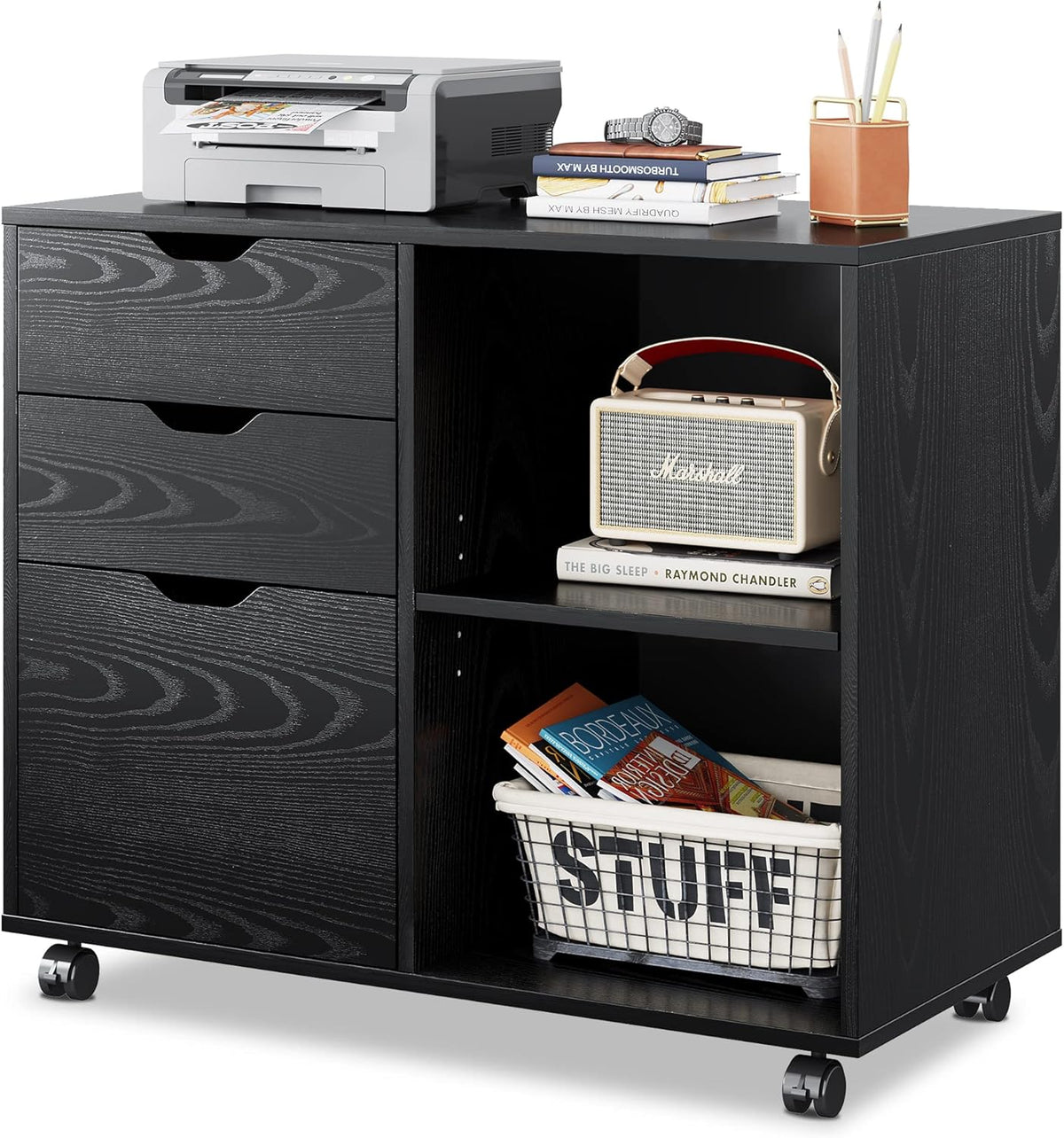 White 3-Drawer Mobile Wood File Cabinet with Open Storage Shelves D30584
