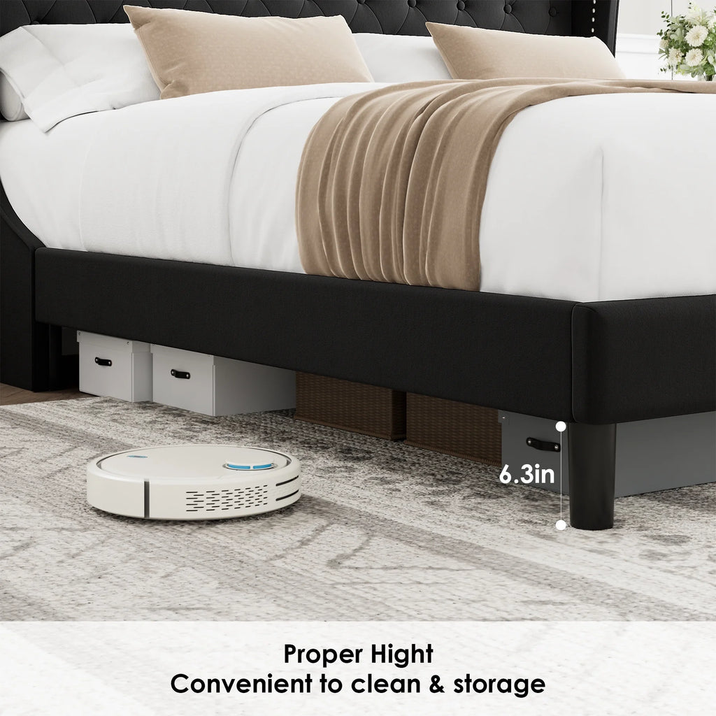 Black Full Bed Frame with Wing-Back Button Tufted Upholstered Headboard and Wood Slat Support I4473