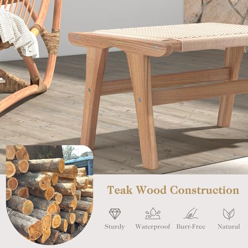 Natural Teak Wood Ottoman Footstool with Braided Rope, 14" H E9919