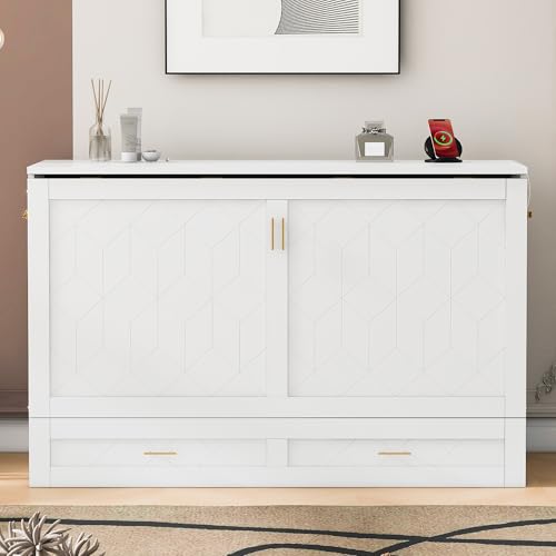 Queen Size Murphy Wall Bed with USB Charging Station and Storage Drawer N1750