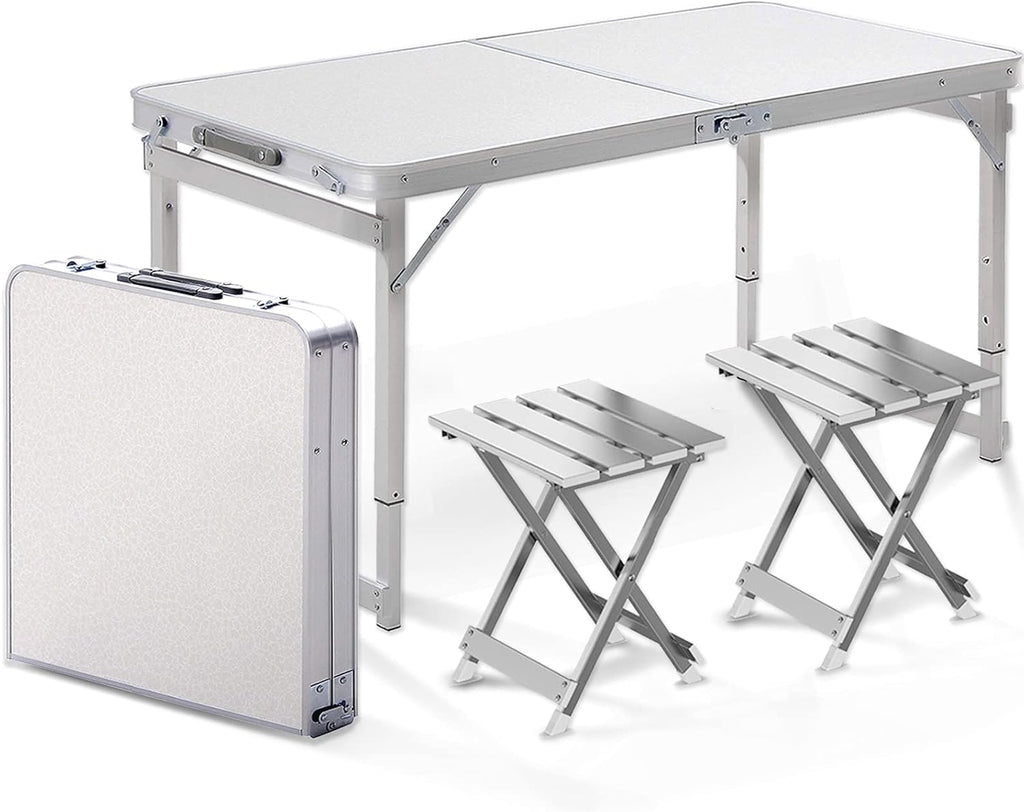 White 4 Foot Adjustable Height Folding Aluminum Camping Table with Stools J7263