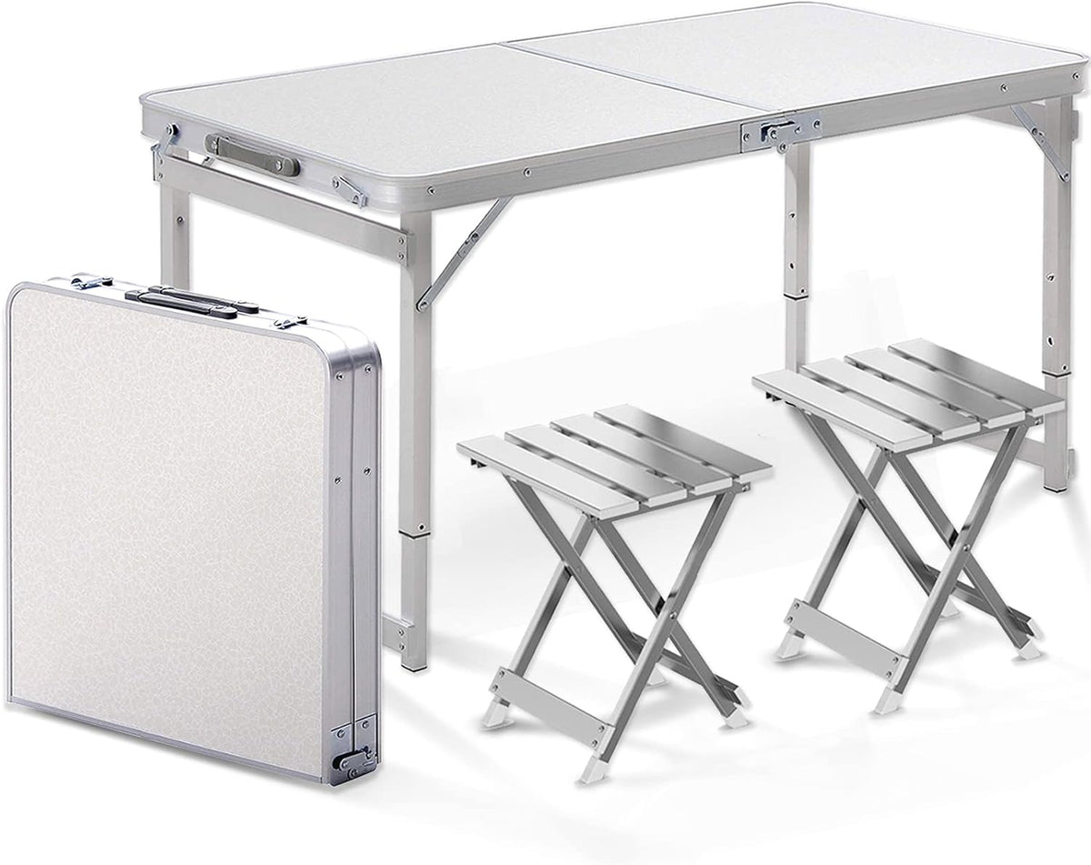 White 4 Foot Adjustable Height Folding Aluminum Camping Table with Stools J7263