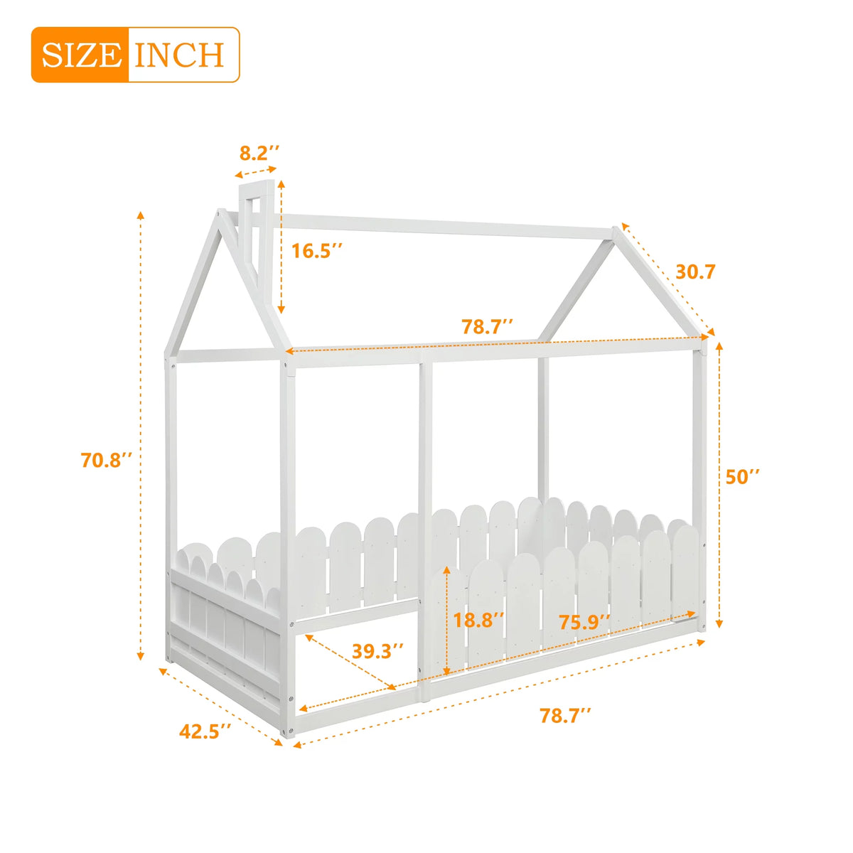 White Twin Size Wood Bed Frame with Fence E82649