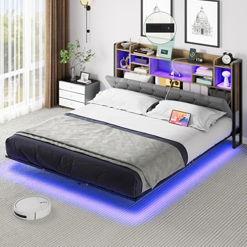Gray Upholstered Floating Platform Bed with Charging Station F68588