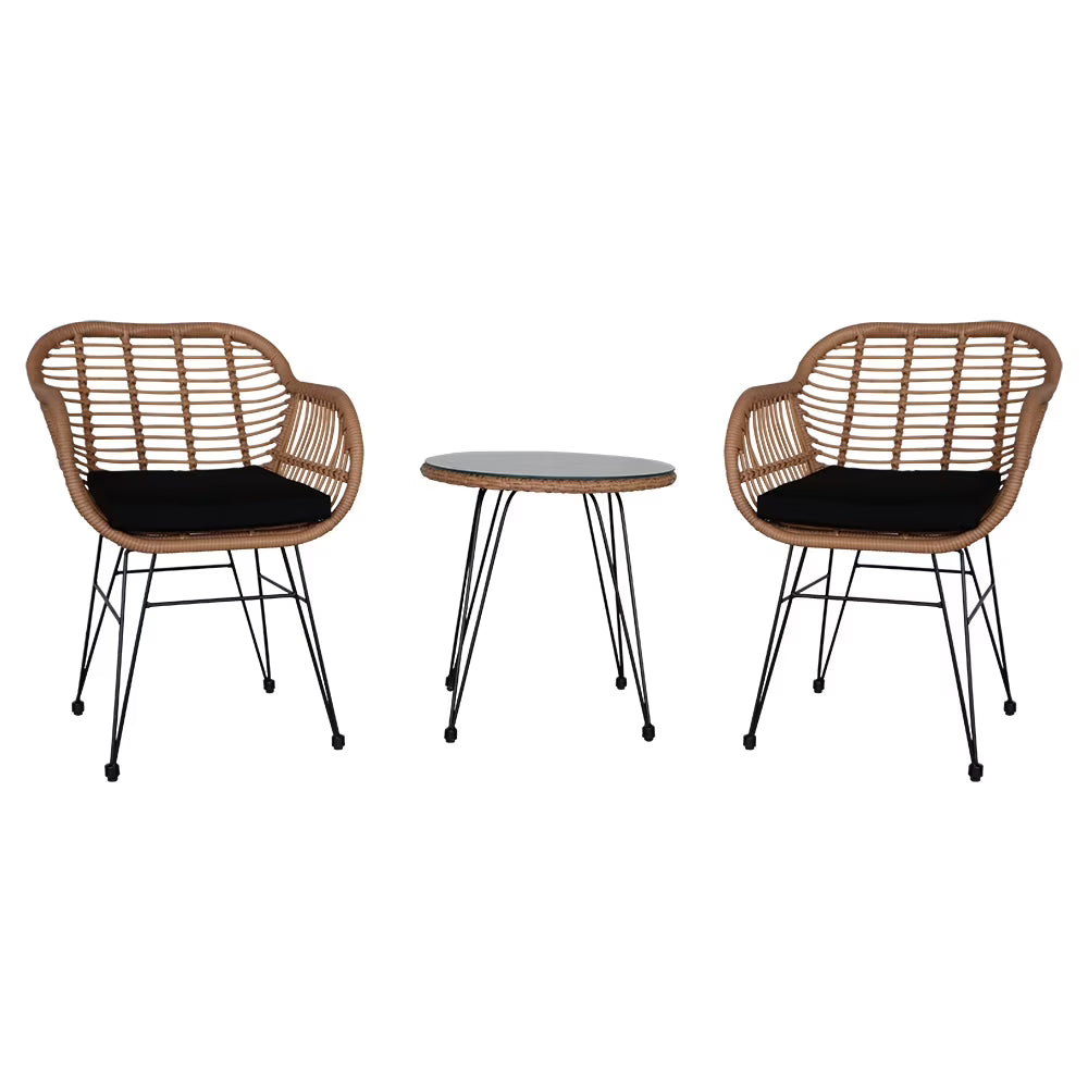 3 Piece Wicker Patio Conversation Set with Glass Side Table and Cushioned Chairs V867969