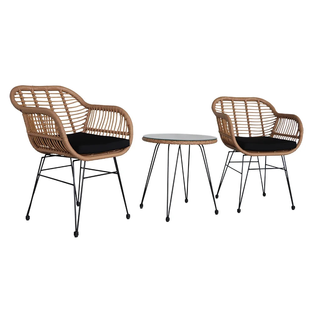 3 Piece Wicker Patio Conversation Set with Glass Side Table and Cushioned Chairs V867969
