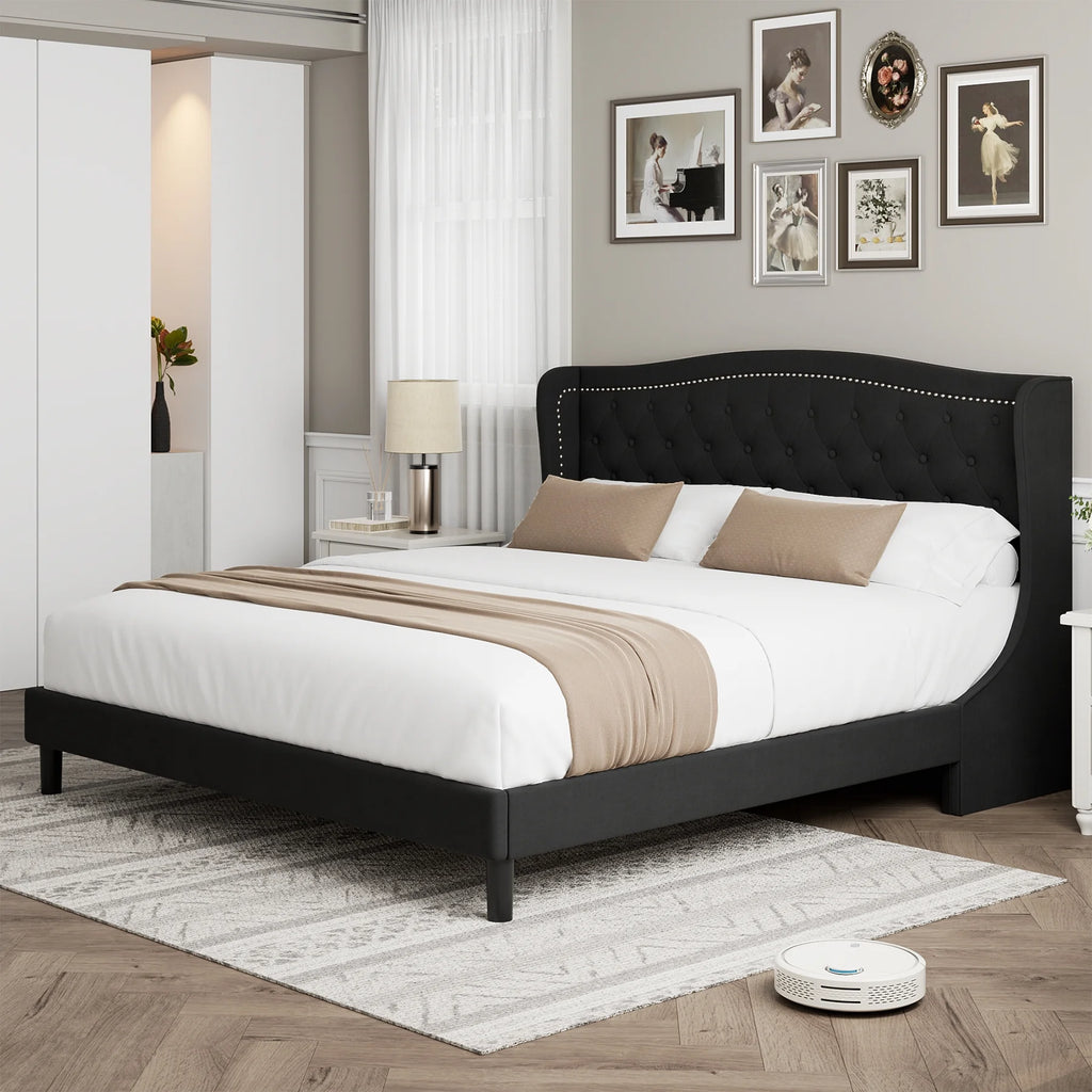 Black Full Bed Frame with Wing-Back Button Tufted Upholstered Headboard and Wood Slat Support I4473