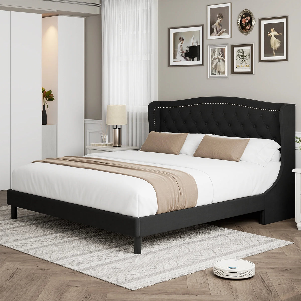 Black Full Bed Frame with Wing-Back Button Tufted Upholstered Headboard and Wood Slat Support I4473