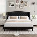 Black Full Bed Frame with Wing-Back Button Tufted Upholstered Headboard and Wood Slat Support I4473
