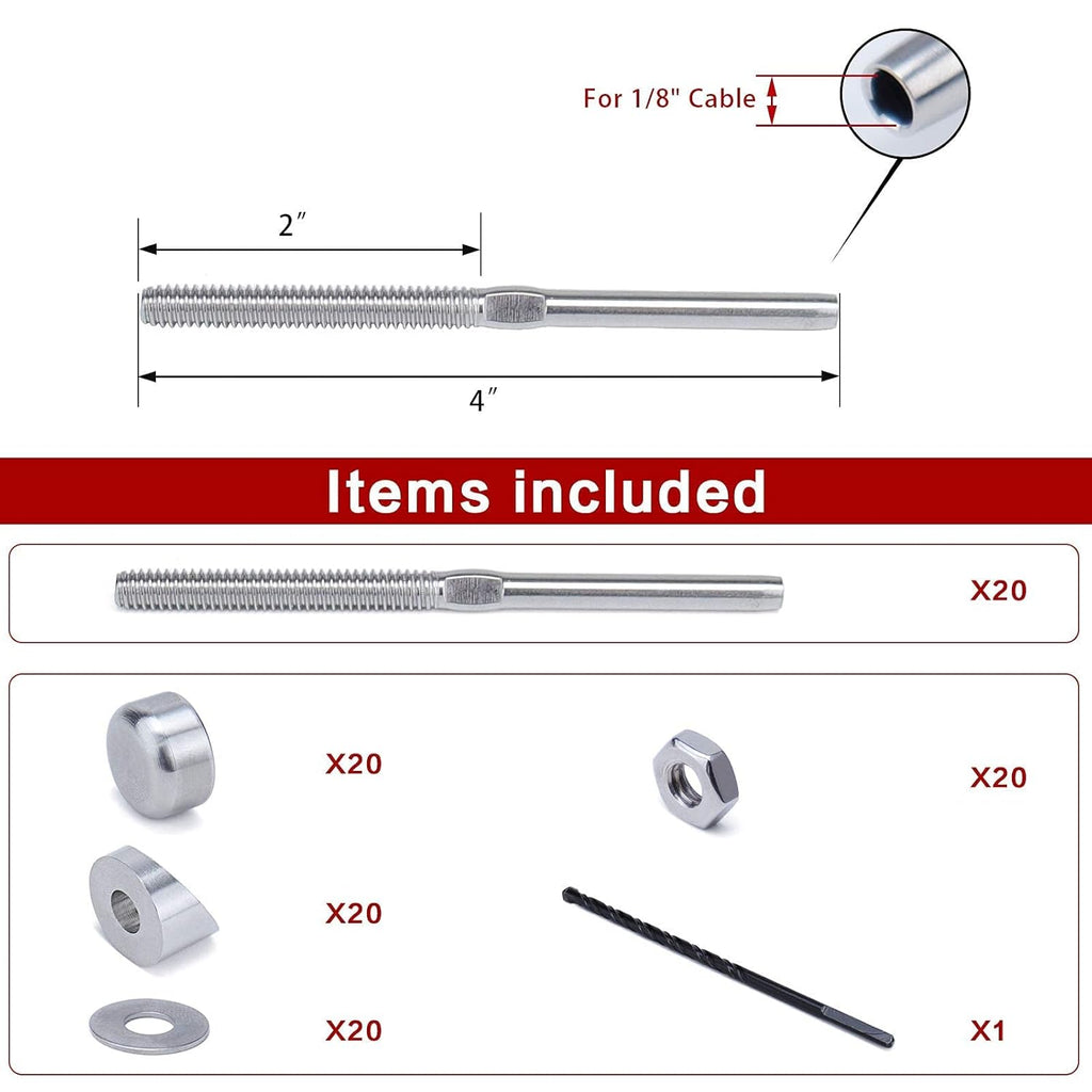 20Pack 1/8 Cable Railing Kit T316 Stainless Steel Terminal P42109