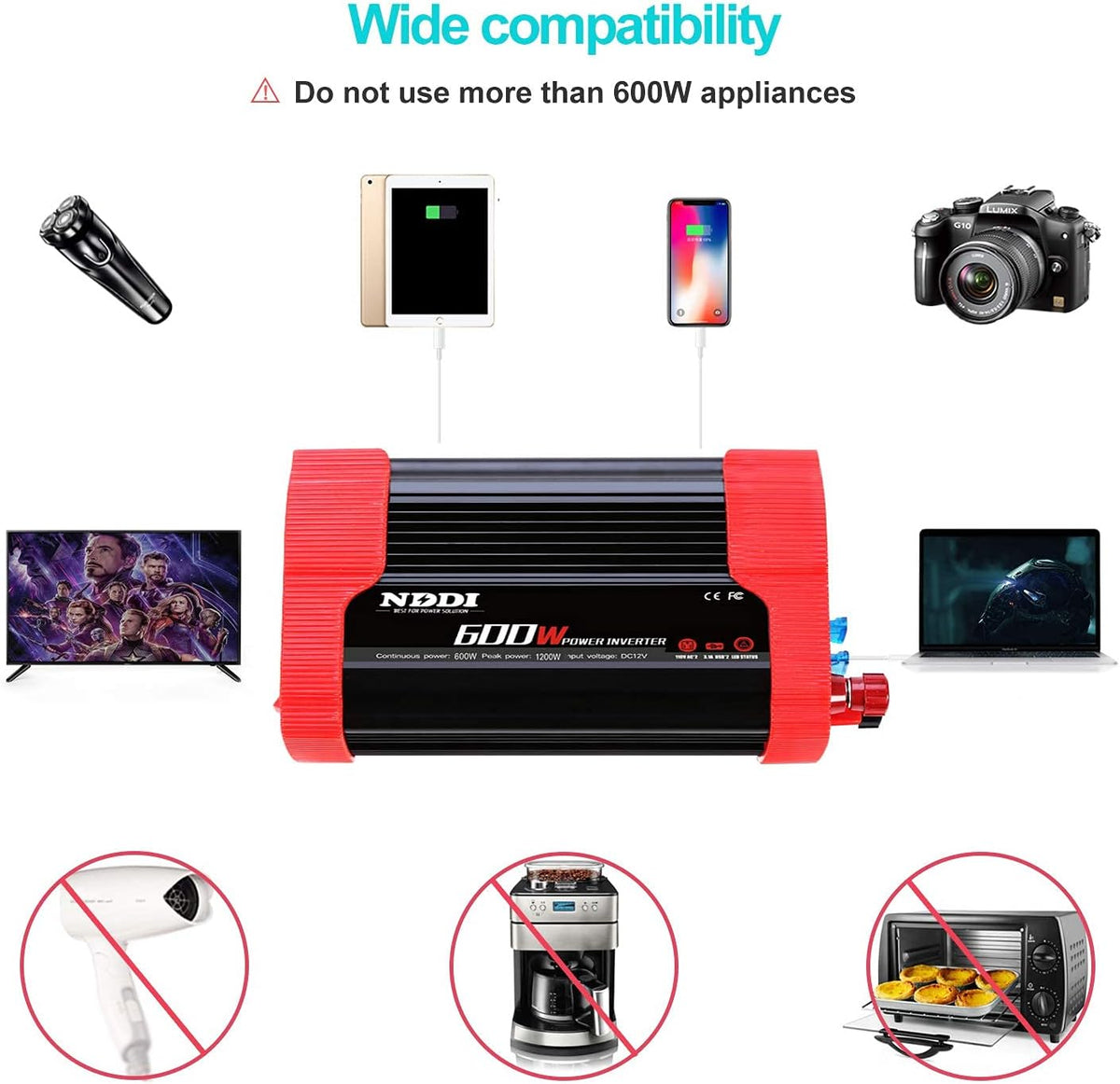 600W Car Power Inverter 12V DC to 110V AC Converter with Dual USB N1824