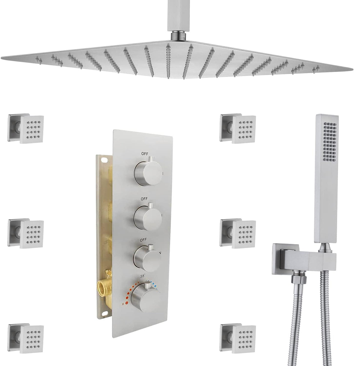 Brushed Nickel 16inch Rainfall Shower System with Body Jets Thermostatic Mixer Shower Faucet Set R419728