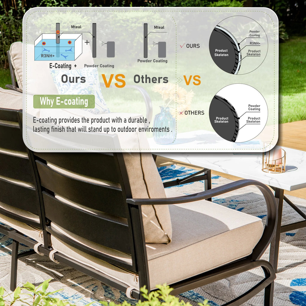 4 Pieces Patio Conversation Set with Fire Pit Table Steel Sectional Sofa Beige Cushions W777924