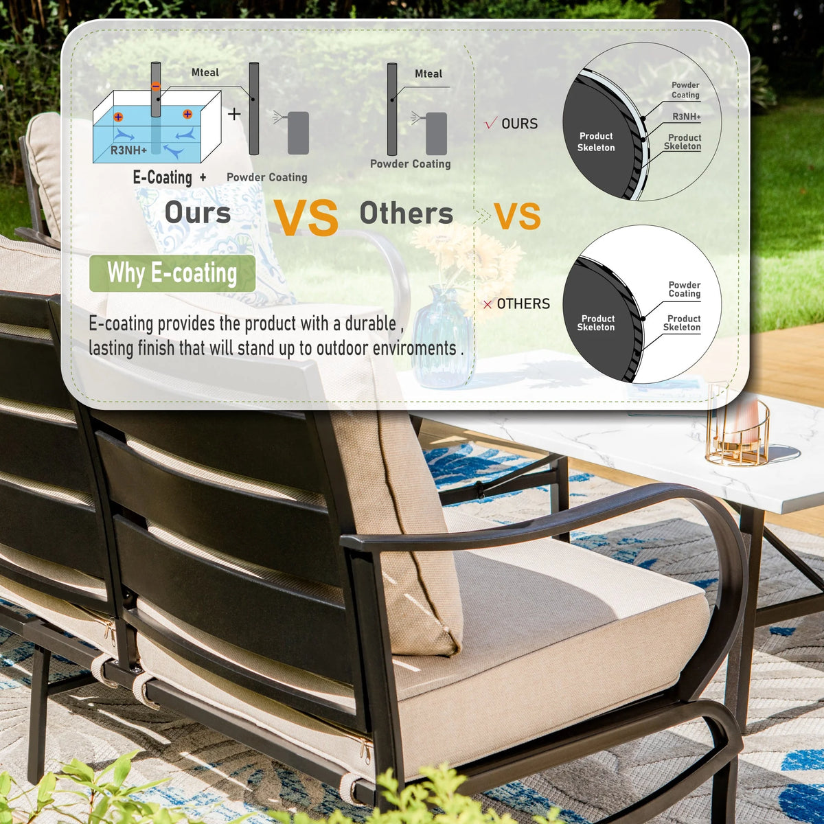 4 Pieces Patio Conversation Set with Fire Pit Table Steel Sectional Sofa Beige Cushions W777924