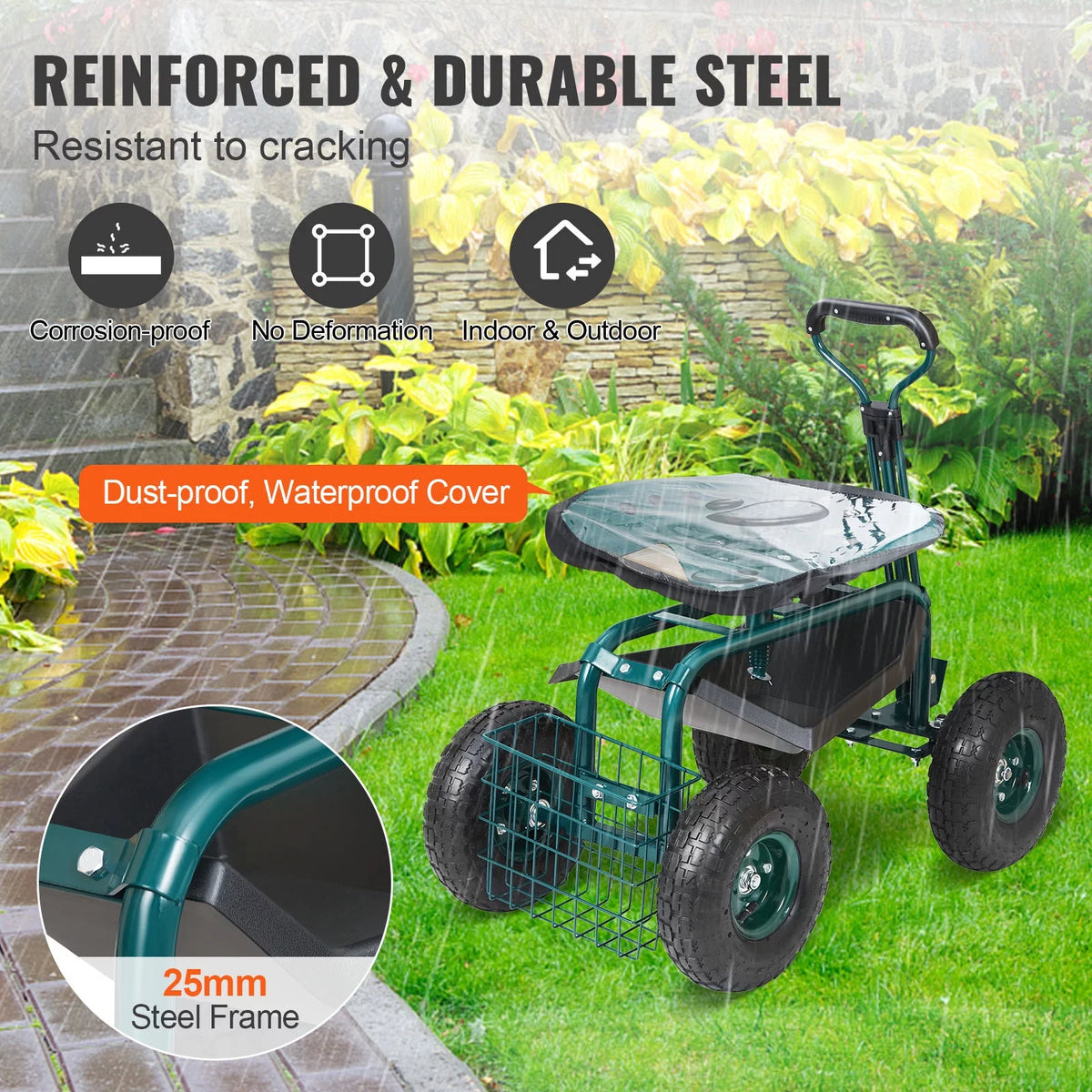 Garden Cart Rolling Workseat with Wheels, 360 Degree Swivel Seat, Steering Handle & Utility Tool Tray H11570