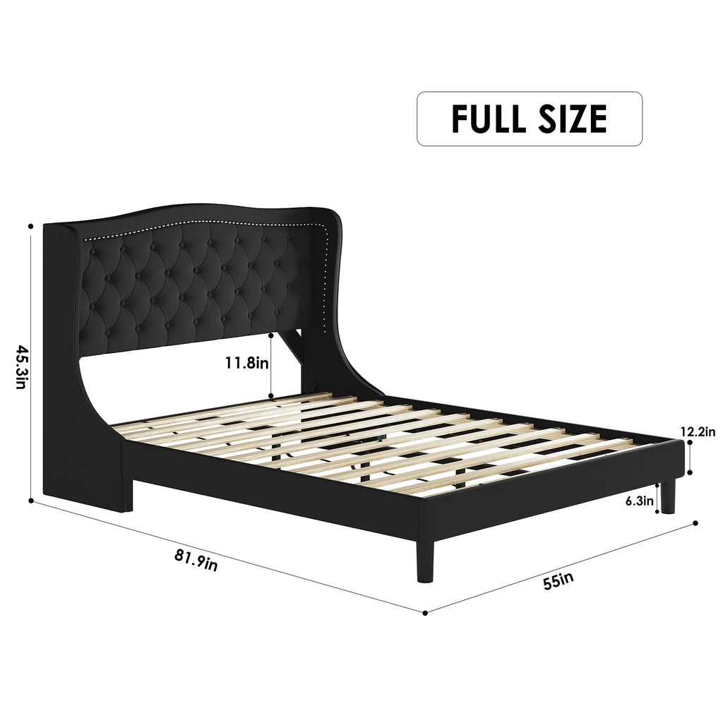 Black Full Bed Frame with Wing-Back Button Tufted Upholstered Headboard and Wood Slat Support I4473