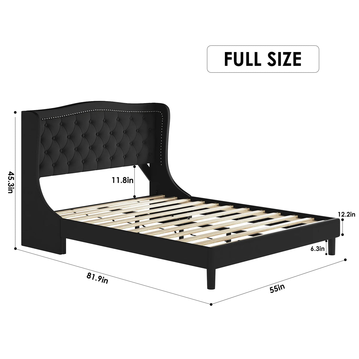 Black Full Bed Frame with Wing-Back Button Tufted Upholstered Headboard and Wood Slat Support I4473