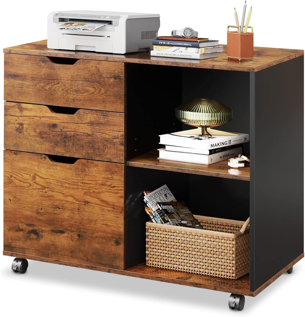 White 3-Drawer Mobile Wood File Cabinet with Open Storage Shelves D30584