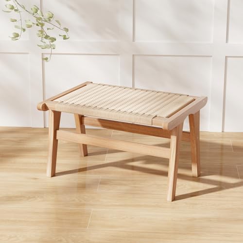 Natural Teak Wood Ottoman Footstool with Braided Rope, 14" H E9919