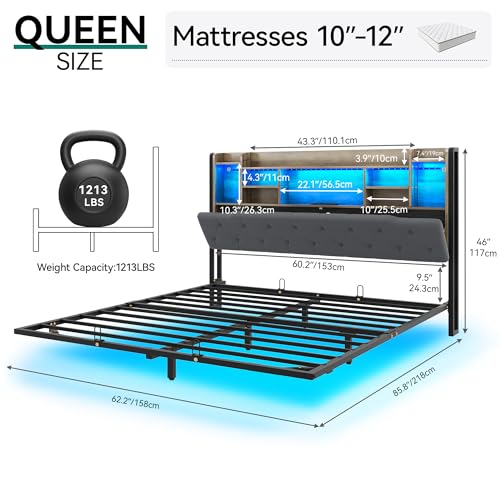 Gray Upholstered Floating Platform Bed with Charging Station F68588