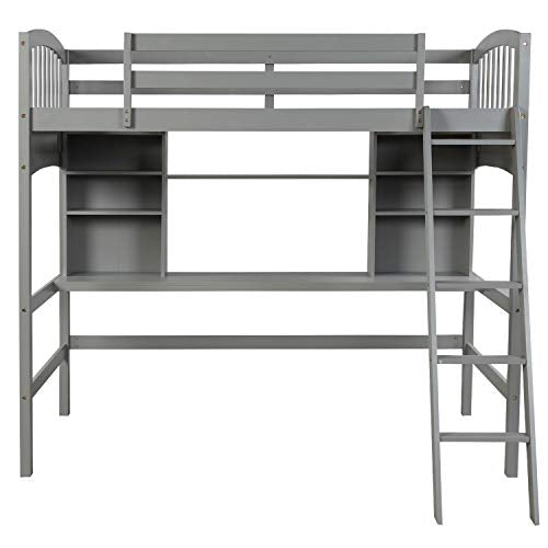 Full Size Solid Wood Loft Bed with Wardrobe and Desk N8377