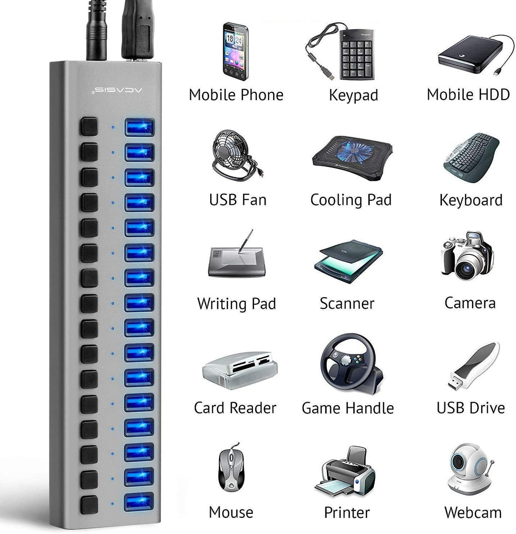 16 Ports USB 3.0 Data Hub with On/Off Switches and Power Adapter U860829