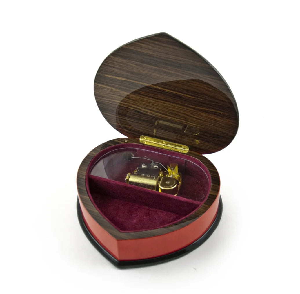 Cherry Red Heart Shaped Music Jewelry Box with Floral Inlay Design I625221