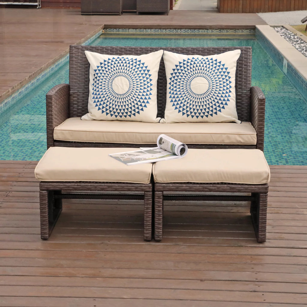 3 Piece Brown Rattan Outdoor Loveseat with Ottoman and Side Table J331
