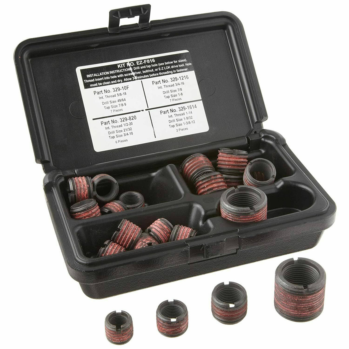 Threaded Inserts Assortment Kit, Carbon Steel, Heavy Wall, UNF Internal Threads, 22 Pieces P696