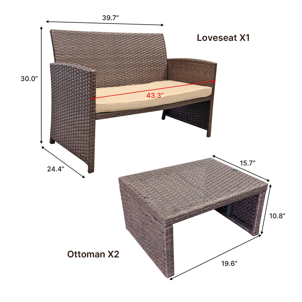 3 Piece Brown Rattan Outdoor Loveseat with Ottoman and Side Table J331