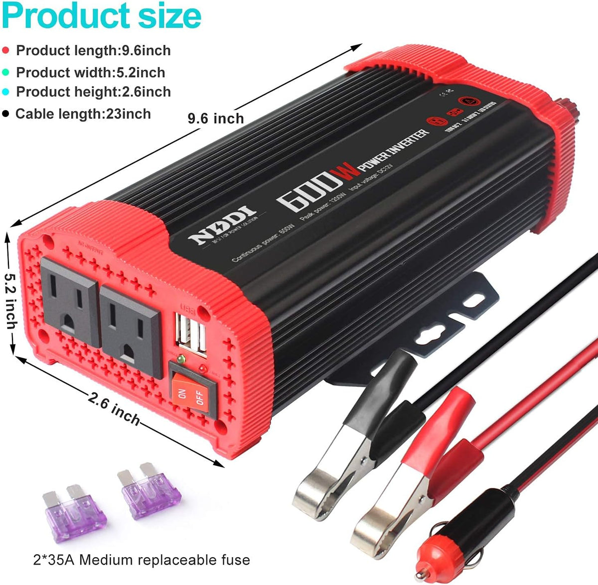 600W Car Power Inverter 12V DC to 110V AC Converter with Dual USB N1824