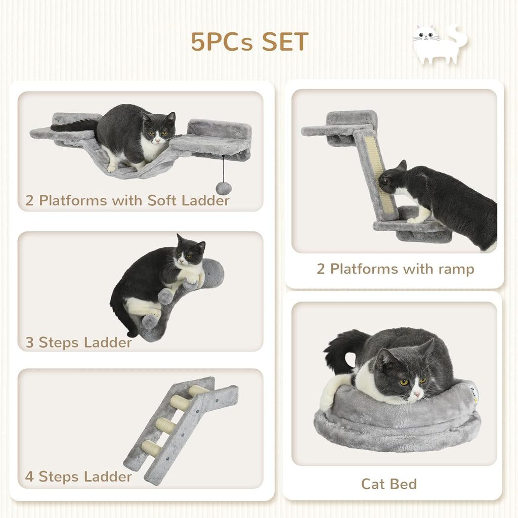 Gray 5PCs Cat Wall Shelves with Soft Plush Sisal I9696