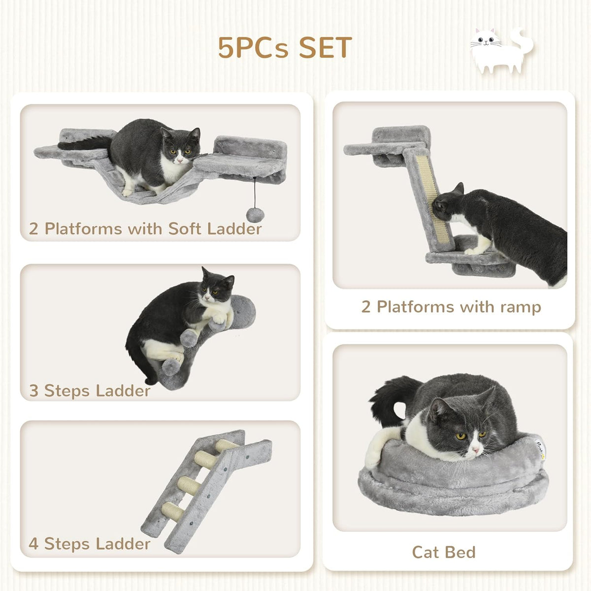 Gray 5PCs Cat Wall Shelves with Soft Plush Sisal I9696