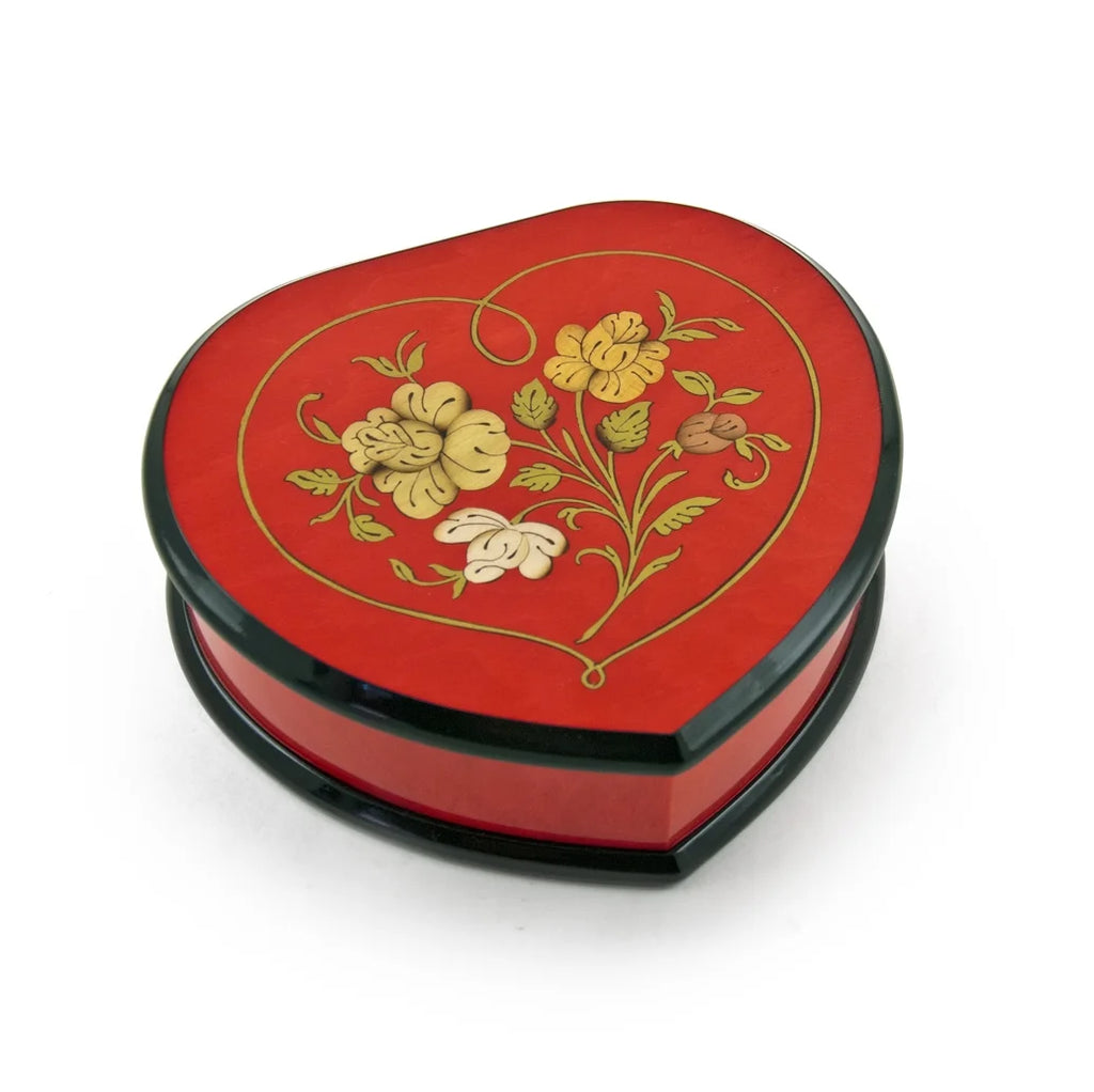 Cherry Red Heart Shaped Music Jewelry Box with Floral Inlay Design I625221