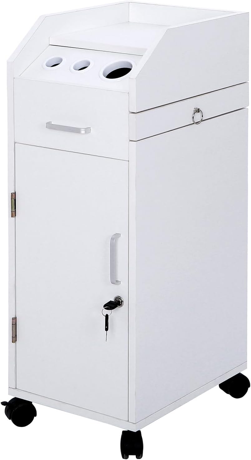Rolling Hair Salon Storage Cart with Wheels & 3 Hair Dryer Holders & Drawers & Lock N69702