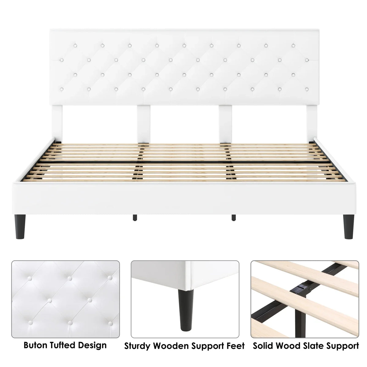Black Faux Leather Upholstered Button Tufted Full Size Platform Bed Frame with Adjustable Headboard X1180