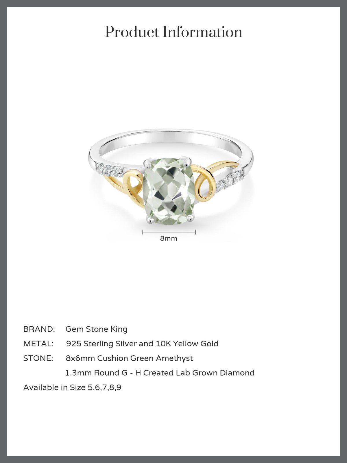 2 Tone 10K Yellow Gold and 925 Sterling Silver Green Prasiolite and White Lab Grown Diamond Ring D106831