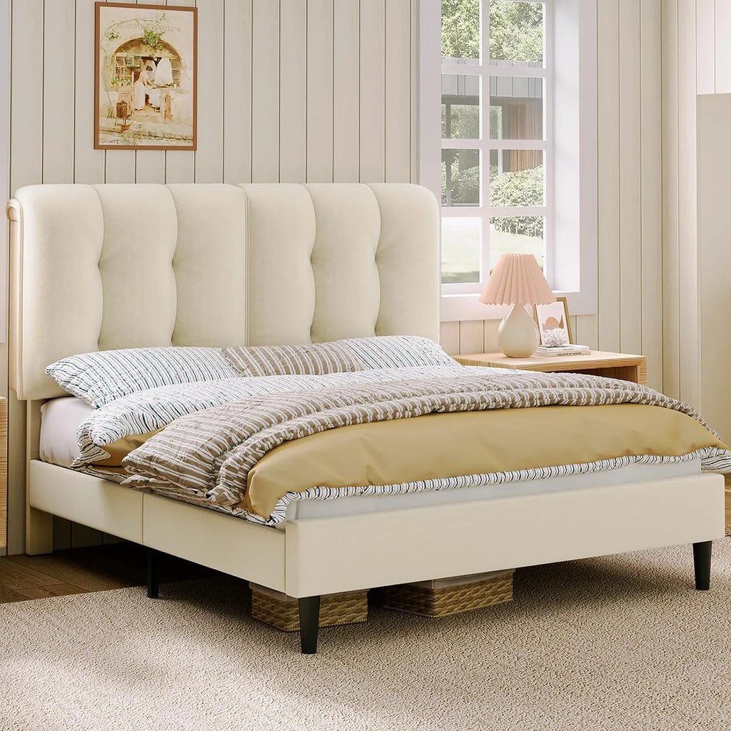 Queen Velvet Upholstered Platform Bed with Adjustable Headboard L91612