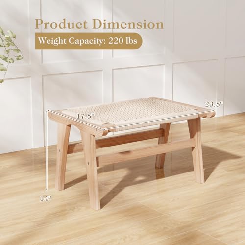Natural Teak Wood Ottoman Footstool with Braided Rope, 14" H E9919