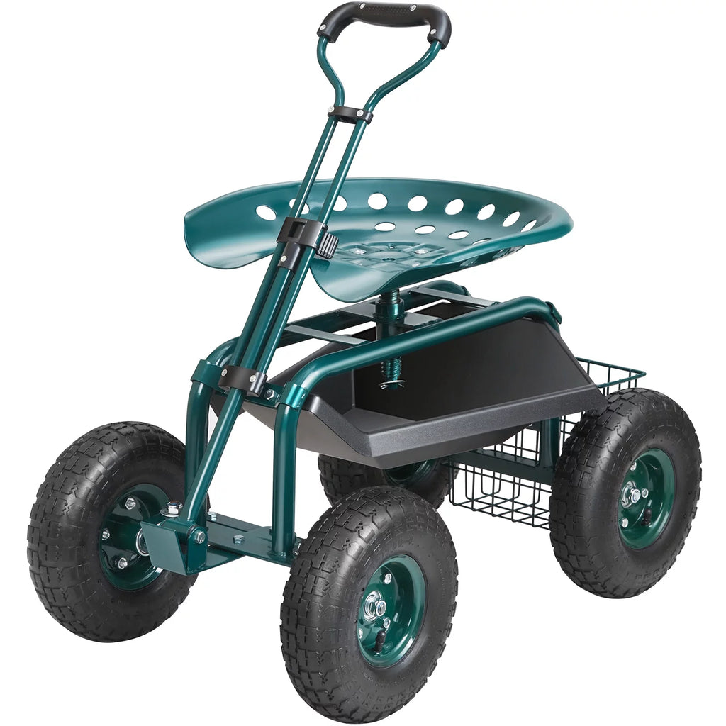 Garden Cart Rolling Workseat with Wheels, 360 Degree Swivel Seat, Steering Handle & Utility Tool Tray H11570