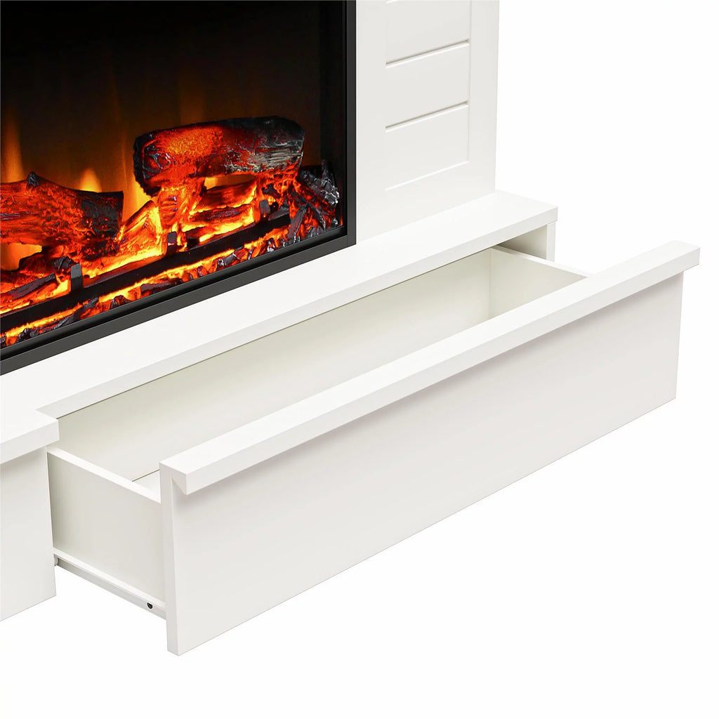 White Wide Shiplap Mantel with Linear Electric Fireplace and Storage Drawers A156743